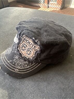 Black Distressed Route 66 Military Cap with Stud Detail